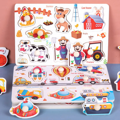 ﻿﻿Montessori Wooden Hand Grab Boards Baby Educational Cartoon Vehicle Animals Fruits 3D Puzzles Kids Early Education Toys TMZ﻿