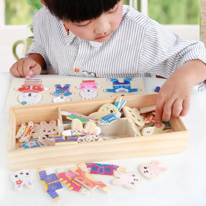 QWZ Little Bear Change Clothes Children's Early Education Wooden Jigsaw Puzzle Dressing Game Baby Puzzle Toys For Children Gift