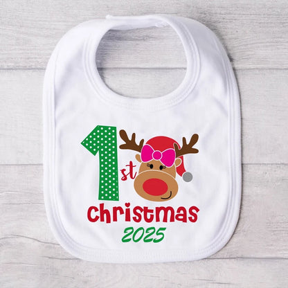 Baby Girl My First Christmas 2025 Cute Reindeer White Bib Winter Holiday Decorate Accessory Newborn Gift New Year Baby Clothing