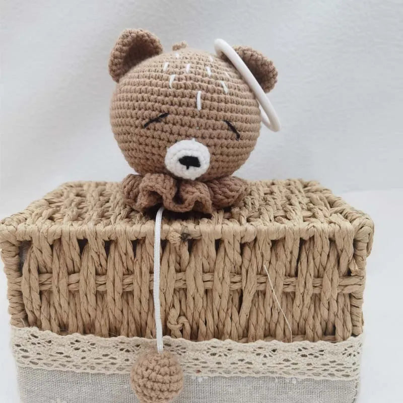 Handmade Crochet Bear Animal Head Knitting Rattle With Music DIY Baby Infant Newborn Teether Sensory Toy
