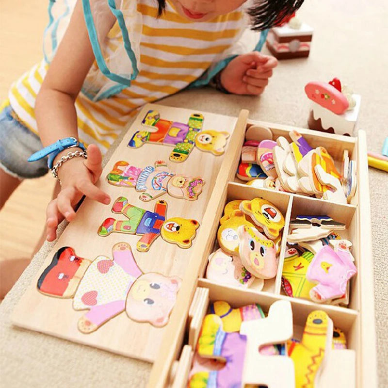 QWZ Little Bear Change Clothes Children's Early Education Wooden Jigsaw Puzzle Dressing Game Baby Puzzle Toys For Children Gift