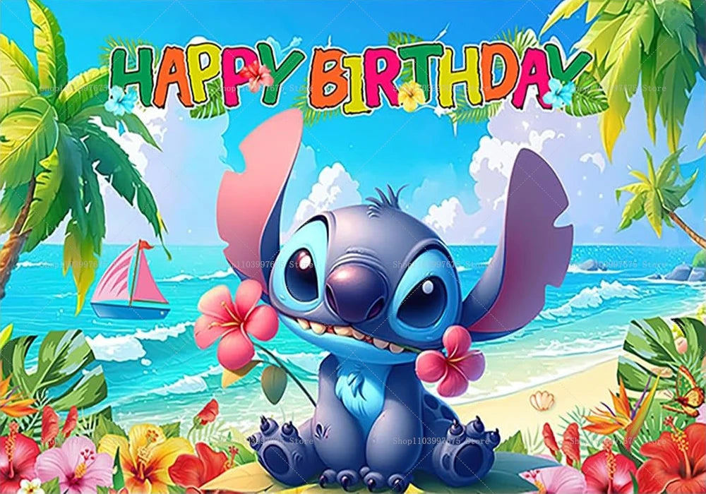 Cartoon Lilo&Stitch Party Backdrops Children's Happy Birthday Decoration Photographic Ocean Flower Background Baby Shower Banner