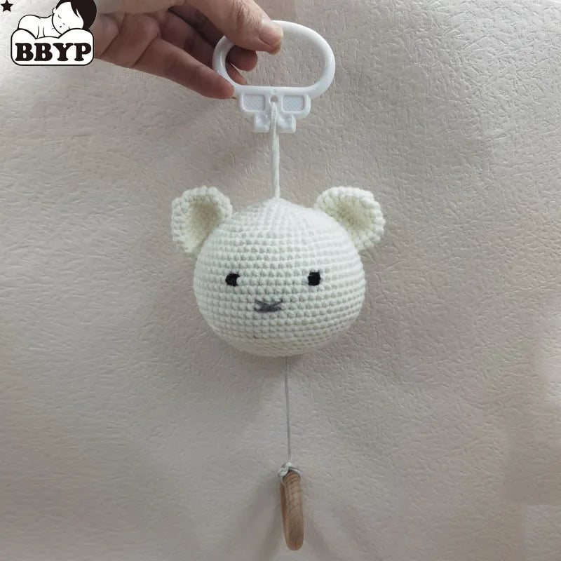 Handmade Crochet Bear Animal Head Knitting Rattle With Music DIY Baby Infant Newborn Teether Sensory Toy