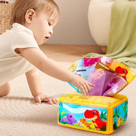Baby Tissue Box Toy with Sensory Crinkle Paper | Montessori Soft Early Learning Toy for Infant Toddler | Pulling Game 6-18 Month