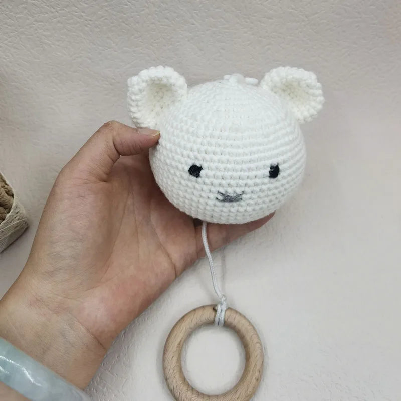 Handmade Crochet Bear Animal Head Knitting Rattle With Music DIY Baby Infant Newborn Teether Sensory Toy