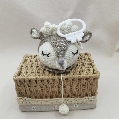 Handmade Crochet Bear Animal Head Knitting Rattle With Music DIY Baby Infant Newborn Teether Sensory Toy