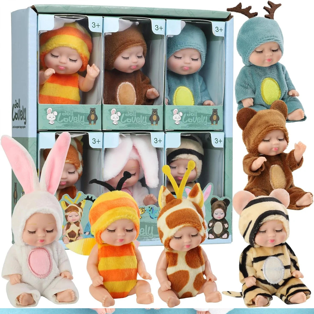 1/6 Pcs 4 Inch Mini Reborn Baby Dolls Toy Set Realistic Baby Doll with Cute Animal Clothes Gifts for Birthday Christmas Exquisit