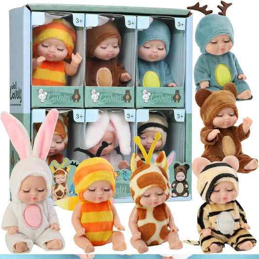 1/6 Pcs 4 Inch Mini Reborn Baby Dolls Toy Set Realistic Baby Doll with Cute Animal Clothes Gifts for Birthday Christmas Exquisit