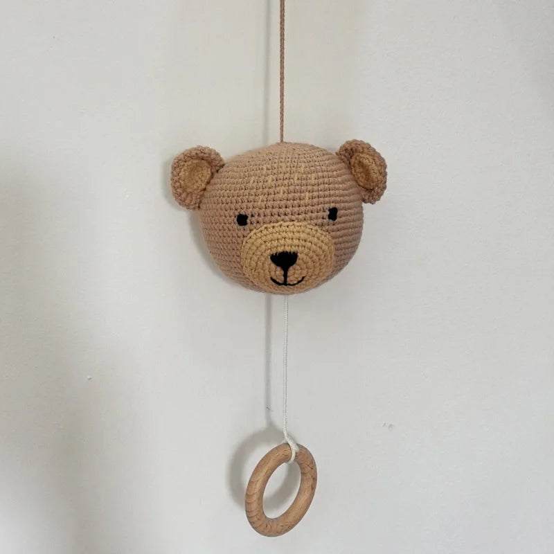 Handmade Crochet Bear Animal Head Knitting Rattle With Music DIY Baby Infant Newborn Teether Sensory Toy