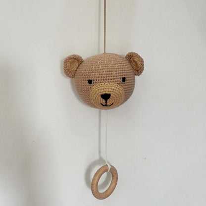 Handmade Crochet Bear Animal Head Knitting Rattle With Music DIY Baby Infant Newborn Teether Sensory Toy