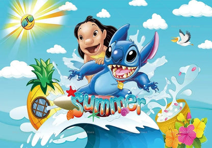 Cartoon Lilo&Stitch Party Backdrops Children's Happy Birthday Decoration Photographic Ocean Flower Background Baby Shower Banner