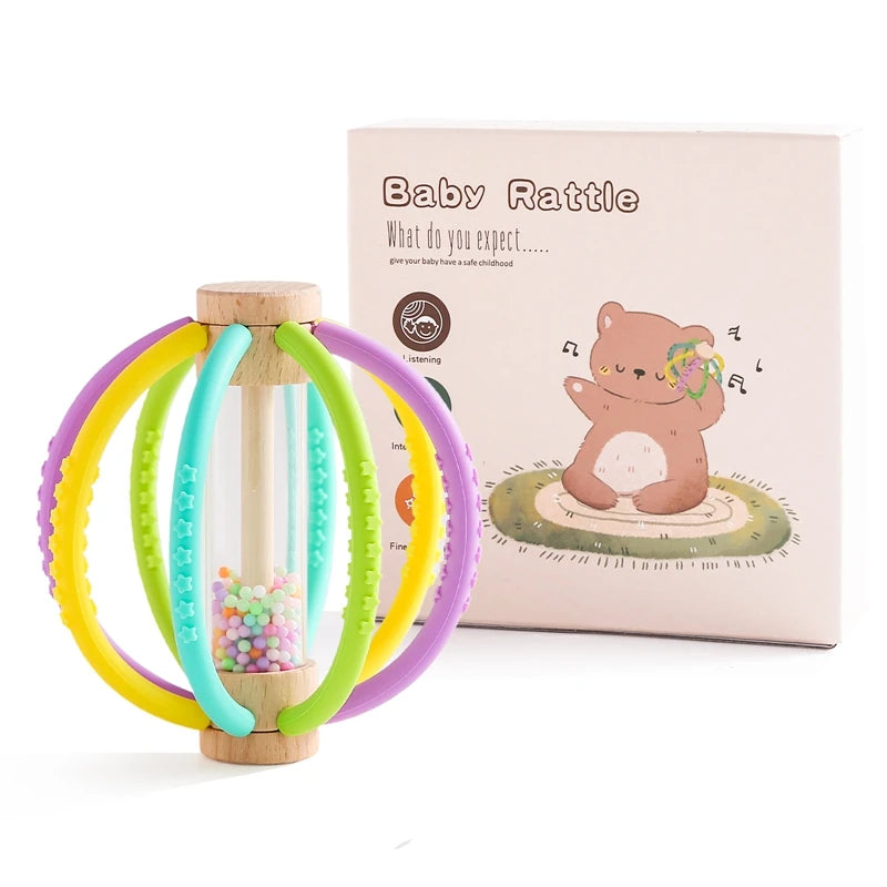 Baby Rattle Toy Wooden Rain Drum With Silicone Baby Sensory Touch Toy Newborn Dental Care Gum Anti-eating Hand Molar Stick Gif