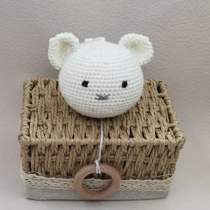 Handmade Crochet Bear Animal Head Knitting Rattle With Music DIY Baby Infant Newborn Teether Sensory Toy