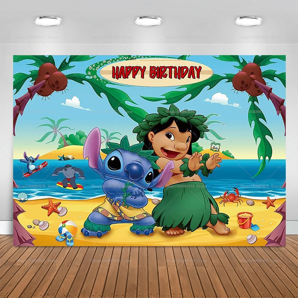 Cartoon Lilo&Stitch Party Backdrops Children's Happy Birthday Decoration Photographic Ocean Flower Background Baby Shower Banner