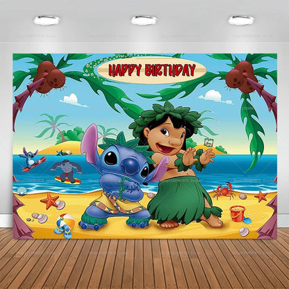Cartoon Lilo&Stitch Party Backdrops Children's Happy Birthday Decoration Photographic Ocean Flower Background Baby Shower Banner