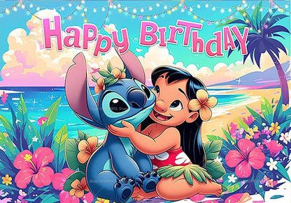 Cartoon Lilo&Stitch Party Backdrops Children's Happy Birthday Decoration Photographic Ocean Flower Background Baby Shower Banner