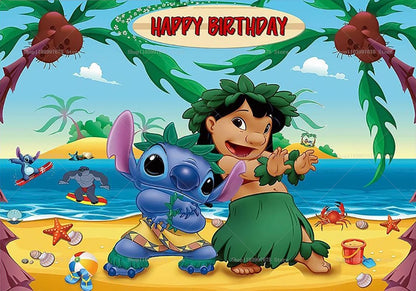 Cartoon Lilo&Stitch Party Backdrops Children's Happy Birthday Decoration Photographic Ocean Flower Background Baby Shower Banner