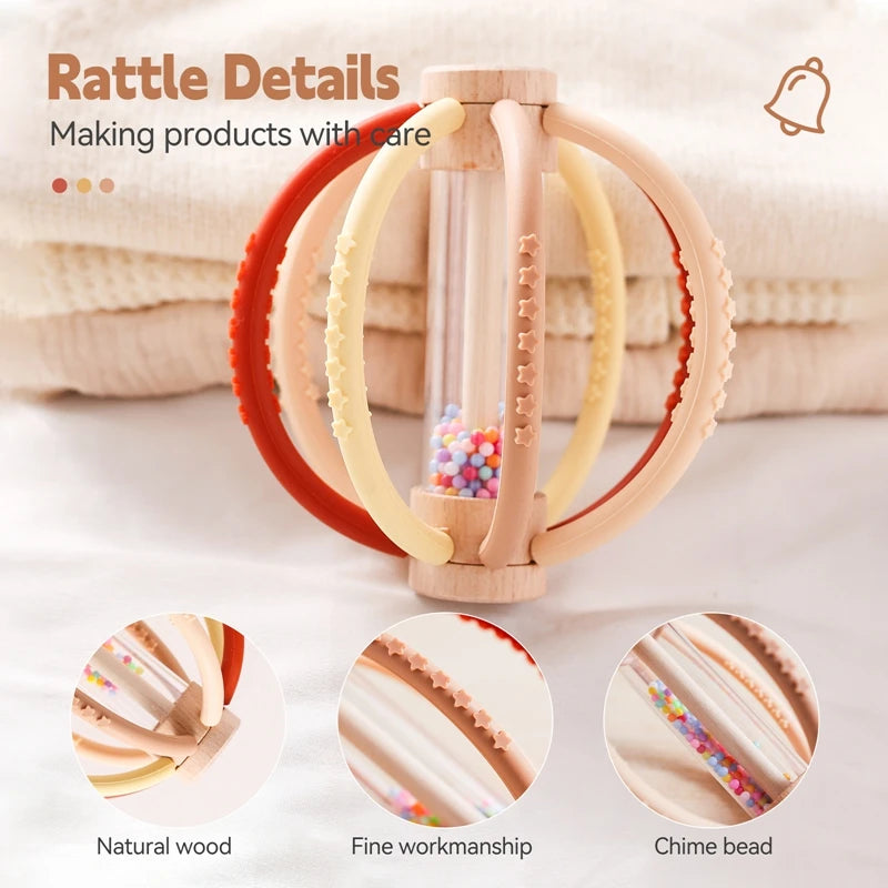Baby Rattle Toy Wooden Rain Drum With Silicone Baby Sensory Touch Toy Newborn Dental Care Gum Anti-eating Hand Molar Stick Gif