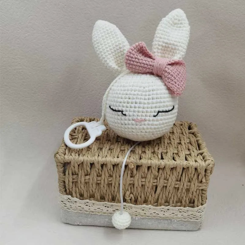 Handmade Crochet Bear Animal Head Knitting Rattle With Music DIY Baby Infant Newborn Teether Sensory Toy