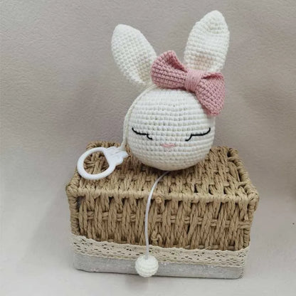 Handmade Crochet Bear Animal Head Knitting Rattle With Music DIY Baby Infant Newborn Teether Sensory Toy
