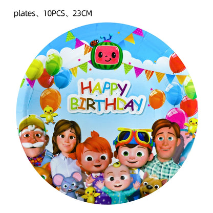Cartoon JJ Melon Birthday Party Decorations Disposable Tableware Cup Plate Tablecloth Cake Topper Balloon for Kids Baby Shower