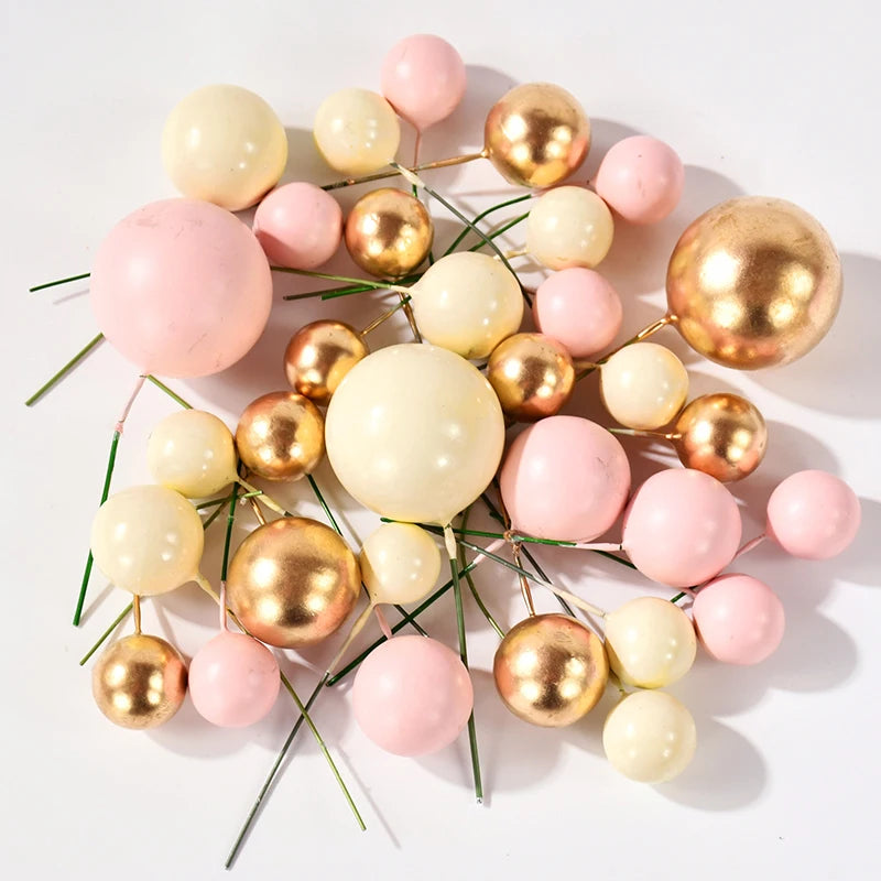 32Pcs Pink Gold Ball Cake Toppers Set Pearl Ball Cupcake Topper Flags for Kids Birthday Party Wedding Decorations Baby Shower