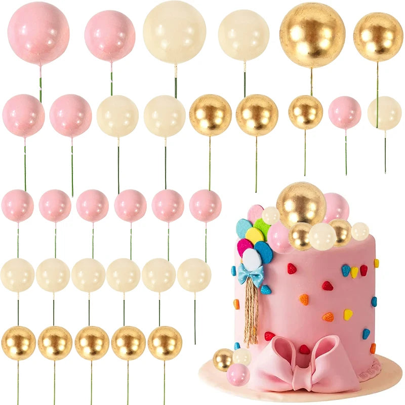 32Pcs Pink Gold Ball Cake Toppers Set Pearl Ball Cupcake Topper Flags for Kids Birthday Party Wedding Decorations Baby Shower