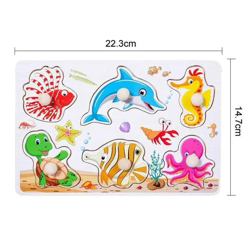 ﻿﻿Montessori Wooden Hand Grab Boards Baby Educational Cartoon Vehicle Animals Fruits 3D Puzzles Kids Early Education Toys TMZ﻿