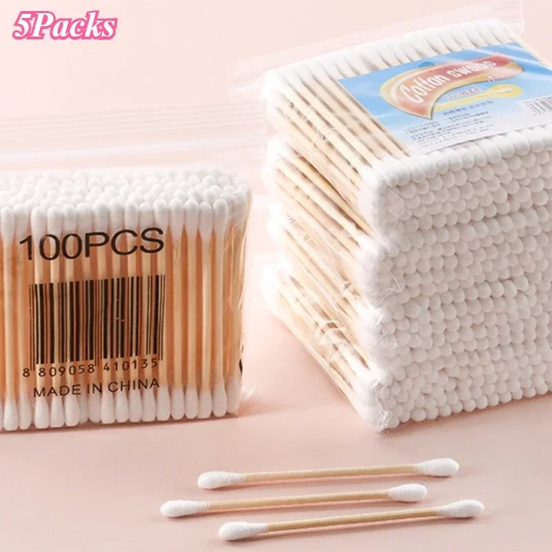 100Pcs/Pack Baby Cotton Swabs Wooden Stick Soft Tip Buds for Ear Nose Cleaning 1-20 Packs Infants Kids Hygiene Care Beauty Tools