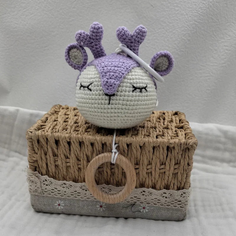Handmade Crochet Bear Animal Head Knitting Rattle With Music DIY Baby Infant Newborn Teether Sensory Toy