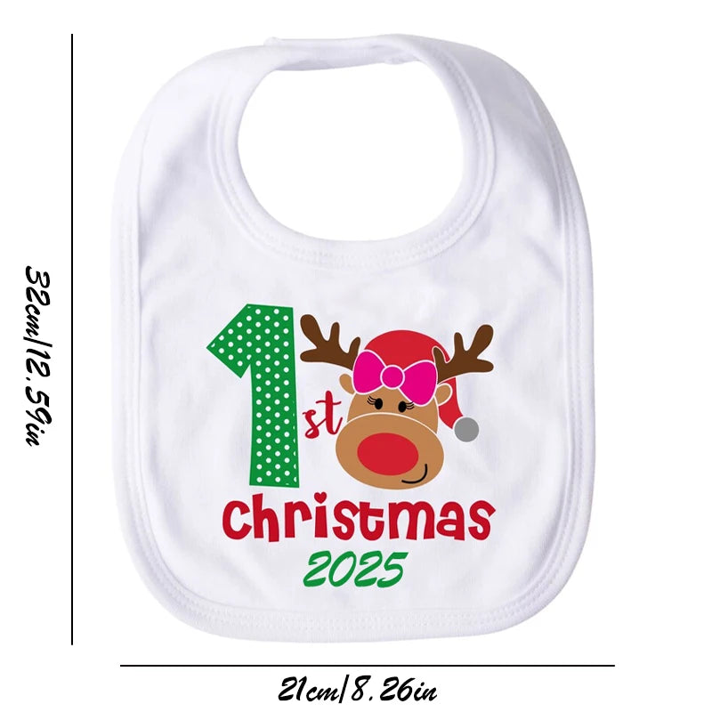 Baby Girl My First Christmas 2025 Cute Reindeer White Bib Winter Holiday Decorate Accessory Newborn Gift New Year Baby Clothing