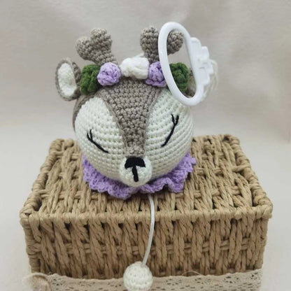 Handmade Crochet Bear Animal Head Knitting Rattle With Music DIY Baby Infant Newborn Teether Sensory Toy