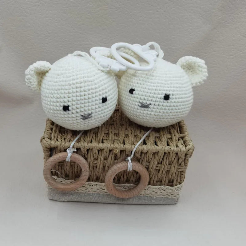 Handmade Crochet Bear Animal Head Knitting Rattle With Music DIY Baby Infant Newborn Teether Sensory Toy