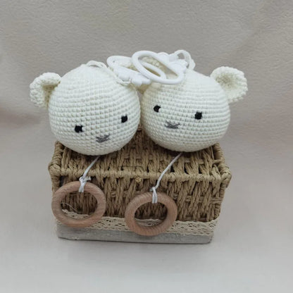 Handmade Crochet Bear Animal Head Knitting Rattle With Music DIY Baby Infant Newborn Teether Sensory Toy