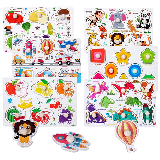 ﻿﻿Montessori Wooden Hand Grab Boards Baby Educational Cartoon Vehicle Animals Fruits 3D Puzzles Kids Early Education Toys TMZ﻿
