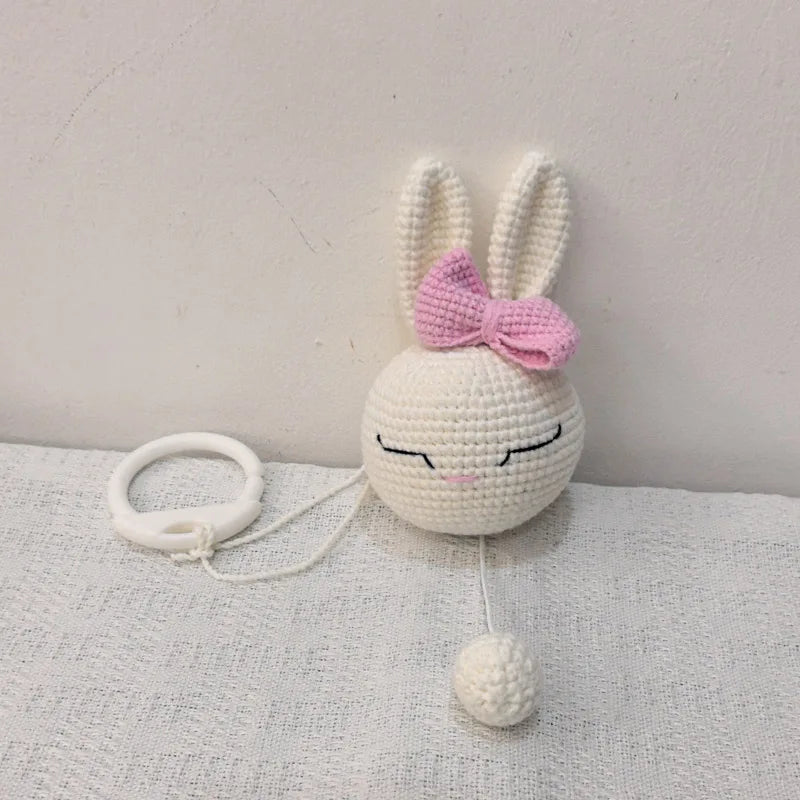 Handmade Crochet Bear Animal Head Knitting Rattle With Music DIY Baby Infant Newborn Teether Sensory Toy