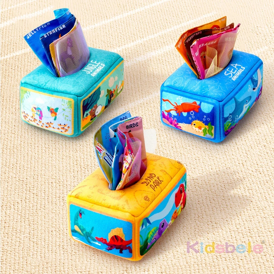 Baby Tissue Box Toy with Sensory Crinkle Paper | Montessori Soft Early Learning Toy for Infant Toddler | Pulling Game 6-18 Month