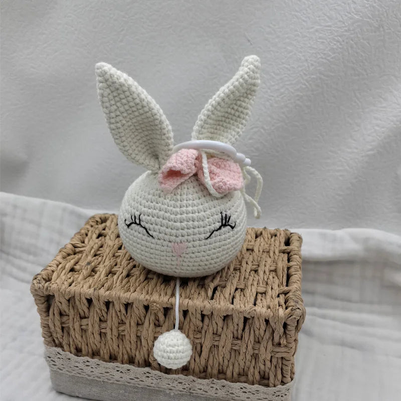 Handmade Crochet Bear Animal Head Knitting Rattle With Music DIY Baby Infant Newborn Teether Sensory Toy