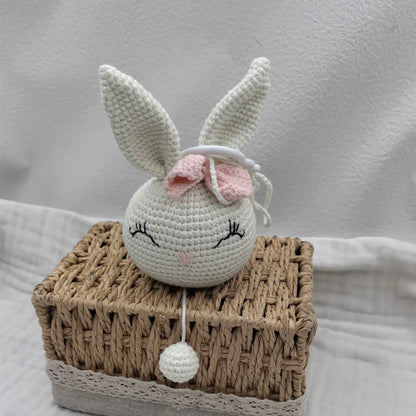 Handmade Crochet Bear Animal Head Knitting Rattle With Music DIY Baby Infant Newborn Teether Sensory Toy