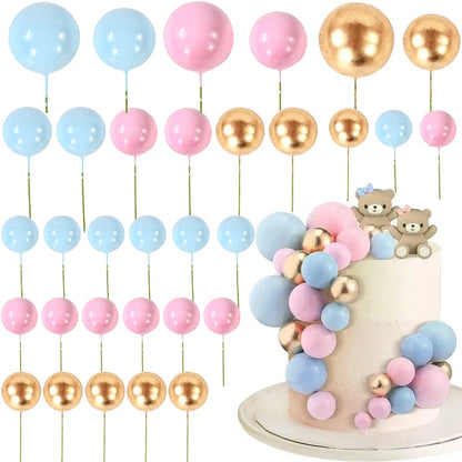 32Pcs Pink Gold Ball Cake Toppers Set Pearl Ball Cupcake Topper Flags for Kids Birthday Party Wedding Decorations Baby Shower