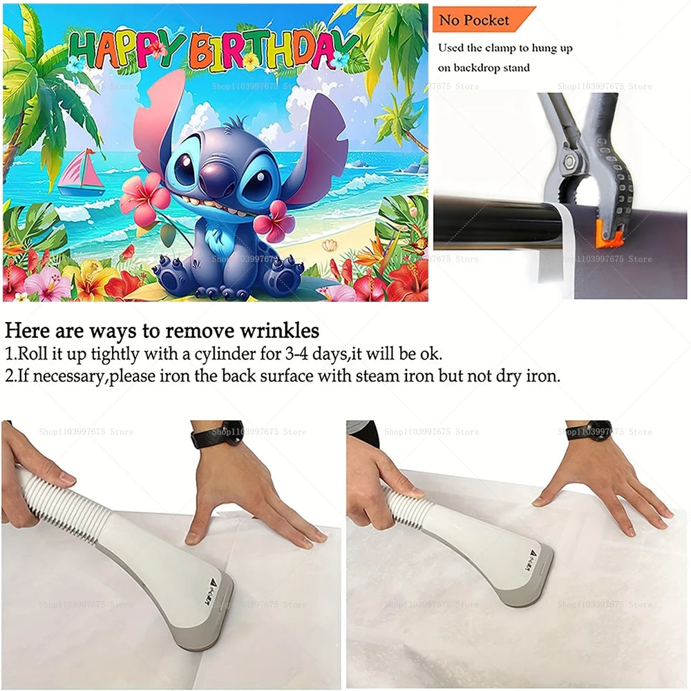 Cartoon Lilo&Stitch Party Backdrops Children's Happy Birthday Decoration Photographic Ocean Flower Background Baby Shower Banner