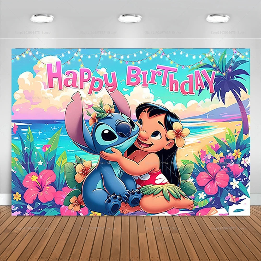Cartoon Lilo&Stitch Party Backdrops Children's Happy Birthday Decoration Photographic Ocean Flower Background Baby Shower Banner