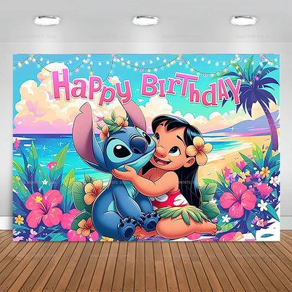 Cartoon Lilo&Stitch Party Backdrops Children's Happy Birthday Decoration Photographic Ocean Flower Background Baby Shower Banner