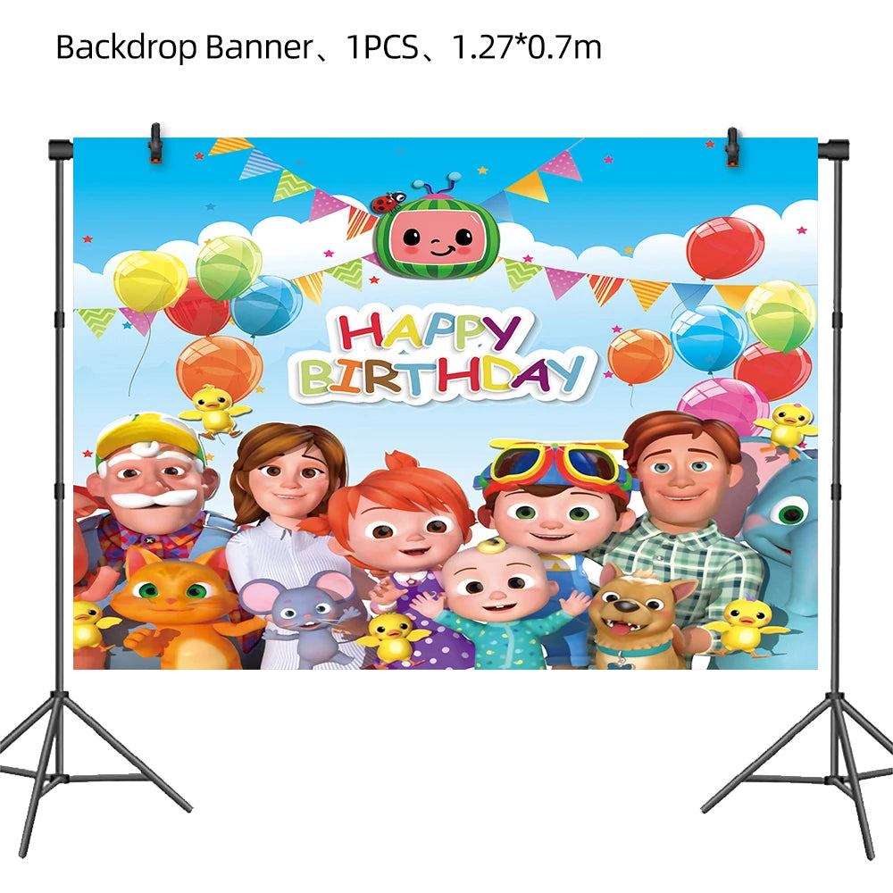 Cartoon JJ Melon Birthday Party Decorations Disposable Tableware Cup Plate Tablecloth Cake Topper Balloon for Kids Baby Shower