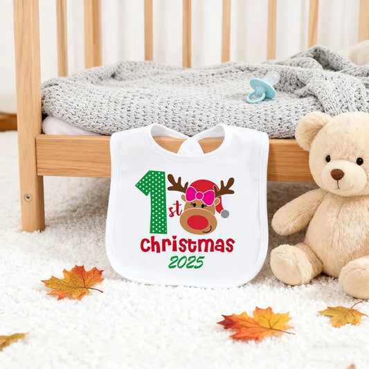 Baby Girl My First Christmas 2025 Cute Reindeer White Bib Winter Holiday Decorate Accessory Newborn Gift New Year Baby Clothing