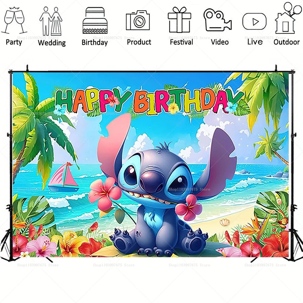 Cartoon Lilo&Stitch Party Backdrops Children's Happy Birthday Decoration Photographic Ocean Flower Background Baby Shower Banner