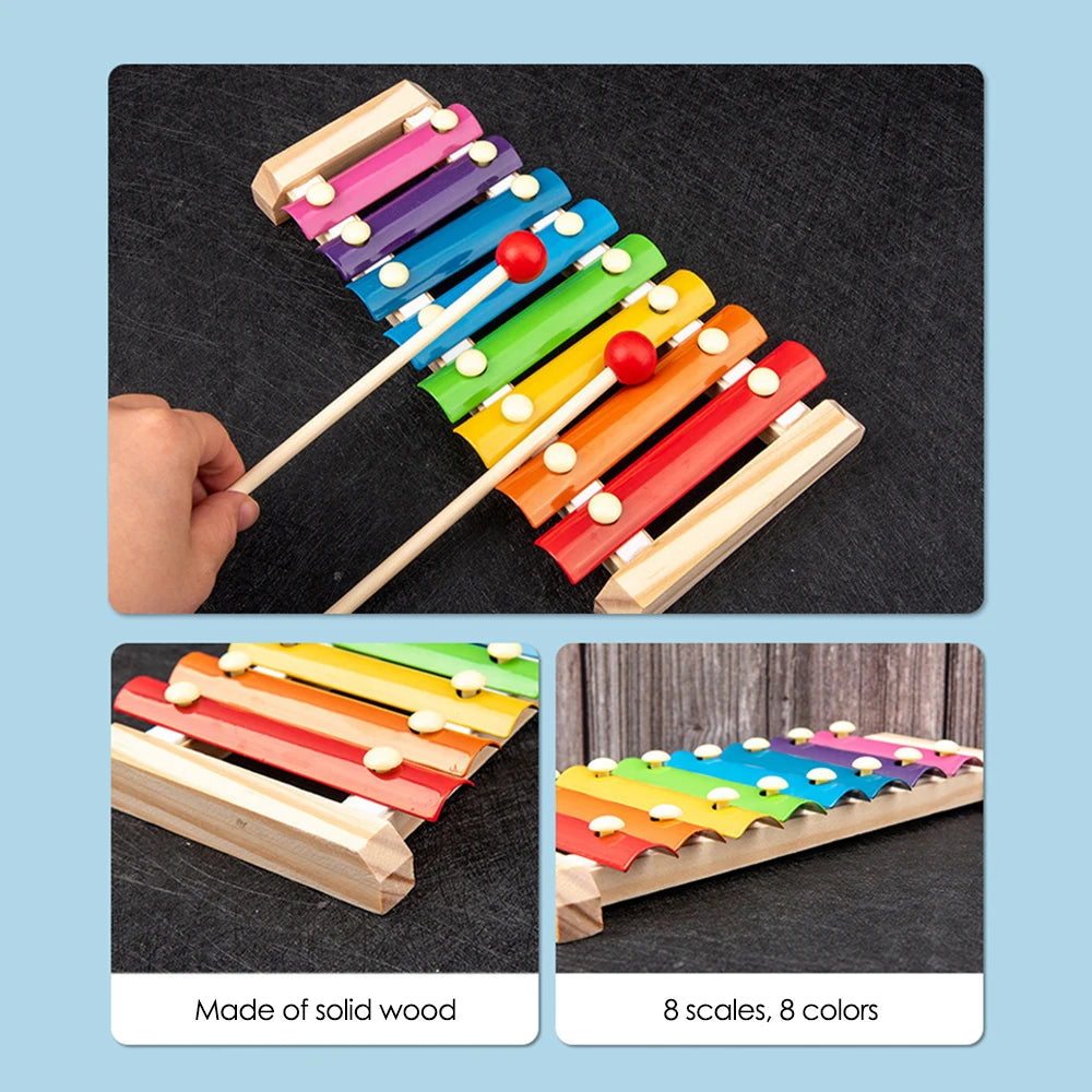 Montessori Baby Toys 9 in 1 Wooden Musical Set: Xylophone Rattle Drum Bell 3D Puzzles Sensory Learning Gifts for 0-12 Months 1-3