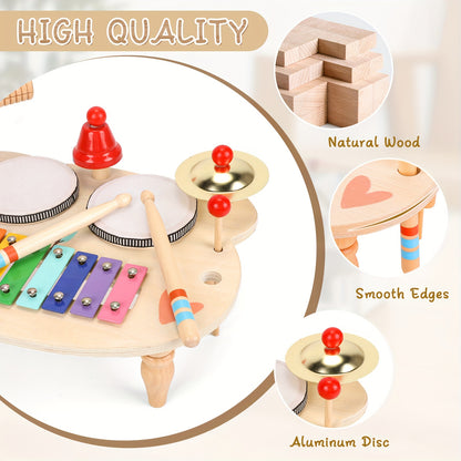 Children's Drum Kit, 10-in-1 Musical Instruments Children From 1 2 3 Years With Xylophone, Baby Toy, Children's Toy, Wooden Toy For Easter, Christmas, Gift For Boys And Girls