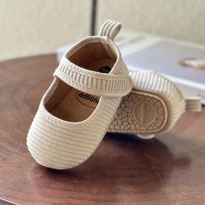 Newborn Baby Girls Geometric Patterned Corduroy Crib Shoes with Breathable TPR Sole, Hook-and-Loop Fastener and Spike Embellishment for All-Season Wear