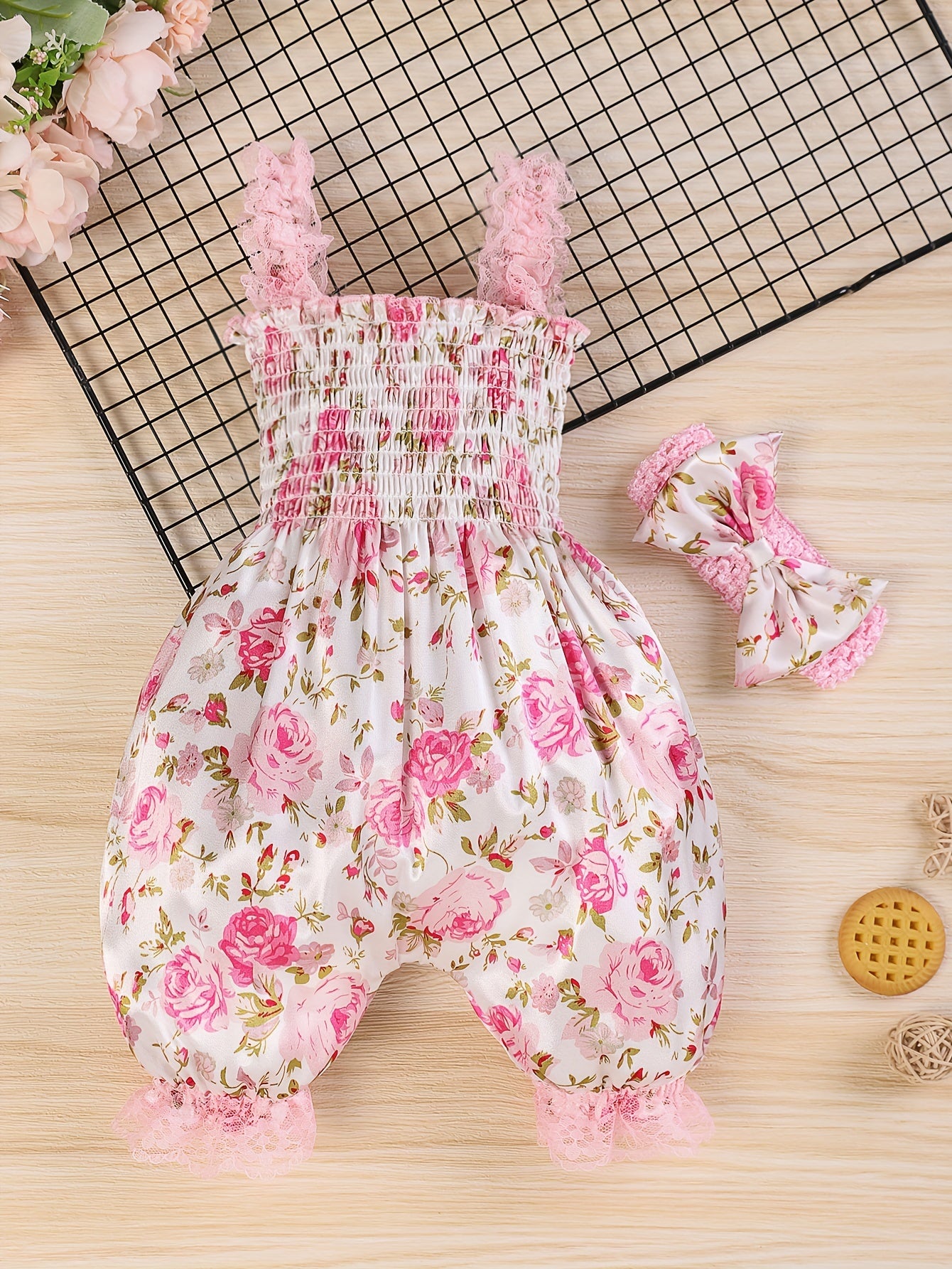 2pcs Baby Girl Summer Outfit Set - Sleeveless Smock Dress & Matching Hair Clips, Lightweight White & Blue Floral Romper, Non-Stretch Breathable Fabric for Photoshoots, Beach & Casual Attire (Hand Washable), Perfect for Outdoo